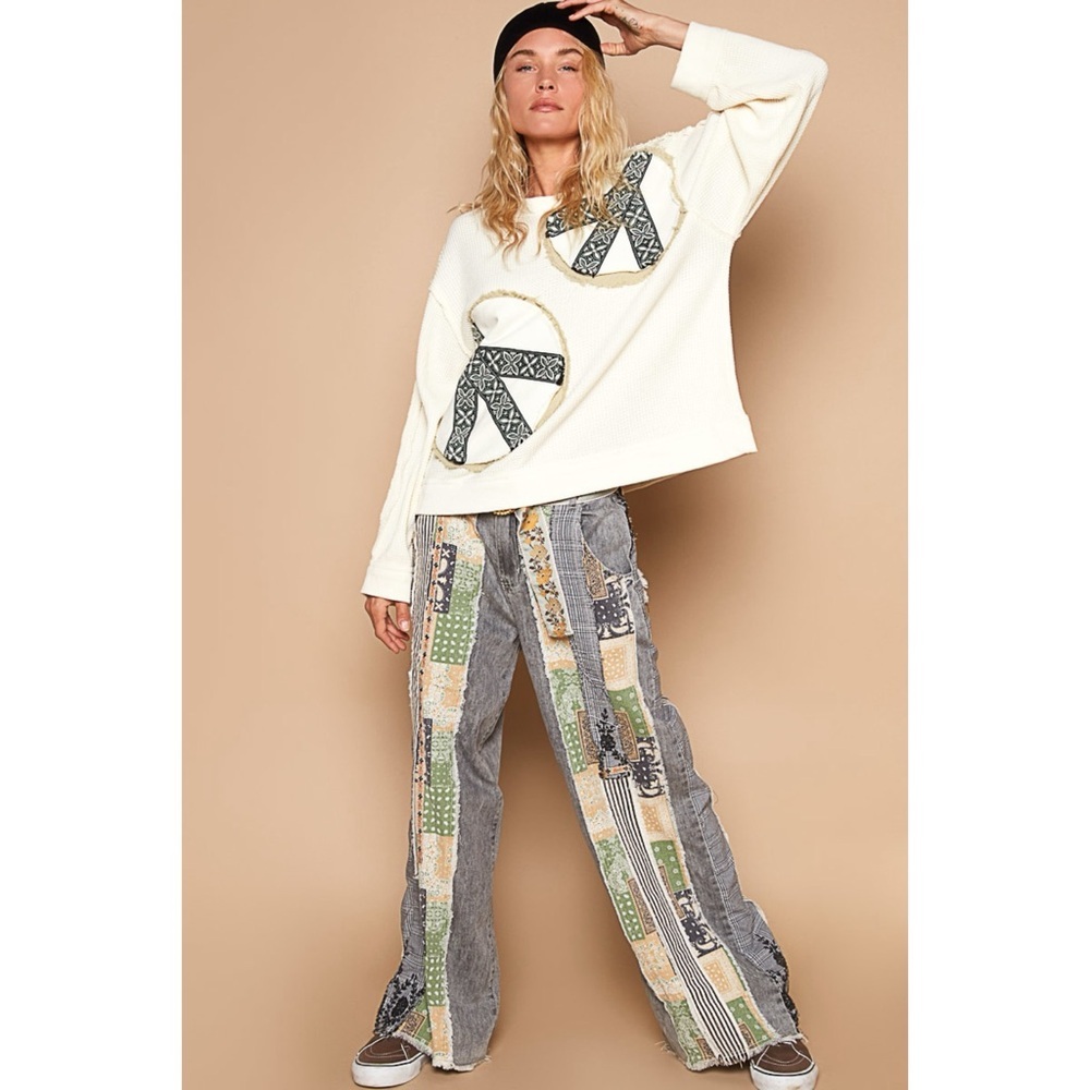 POL Cream Waffle Knit Pullover | Vintage Wash Peace Patch Long Sleeve Top - Picture 8 of 9